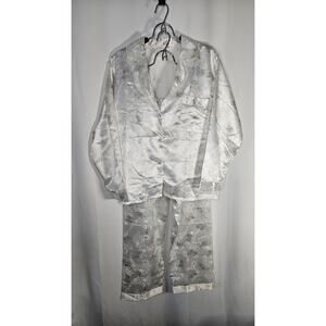 Vintage SilkY Pajama Set Silk Off White Ivory Sexy Floral Sz Large Pant & Shirt